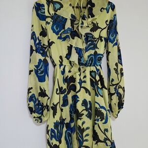 Ivonne Chartreuse Floral Mini Dress Ruffle Tie Neck Long Sleeve